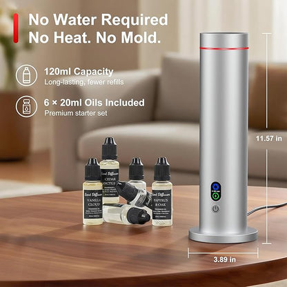 Maromalife Waterless Diffuser, 1000 Sq.Ft Coverage, Essential Oil Diffuser with Tilt-Safe, Remote Control, Adjustable Mist, Mood Lights Aromatherapy Diffuser for Home, Room, Office, Hotel, Metallic