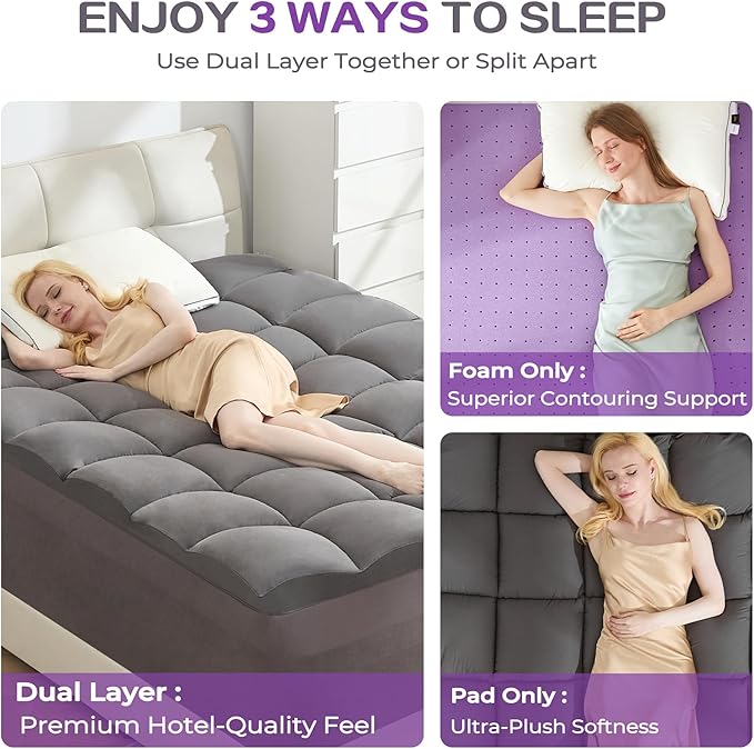 SINWEEK Dual Layer 5 Inch Memory Foam Mattress Topper Full Size, 3 Inch Gel Memory Foam Plus 2 Inch 1450 GSM Double Bed Pillow Top Mattress Pad Cover, Dark Gray