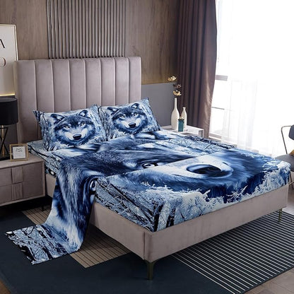 Manfei Wolf Sheet Set Full,Winter Tree Bed Sheet Set 4pcs with Deep Pocket Fitted Sheet + Flat Sheet + 2 Pillowcases Plant Animal Theme Soft Warm Bedding Set for Kids Teenss Room Decor