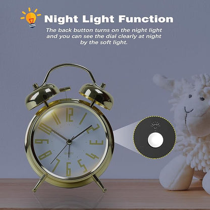 Super Loud Alarm Clock for Heavy Sleepers Adults,Twin Bell Retro 4 Inch Silent Non-Ticking Quartz with Backlight, Metal dial, Alarm Clocks for Bedrooms Bedside (Gold-White)