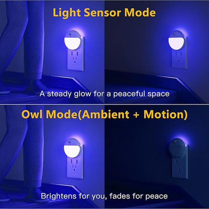 2 Pack Plug in Night Light with Motion Sensor and Dusk to Dawn Sensor, Stepless Dimming, Blue LED Nightlight with 3 Lighting Ways for Bathroom, Bedroom, for Girls, Boys, Adults