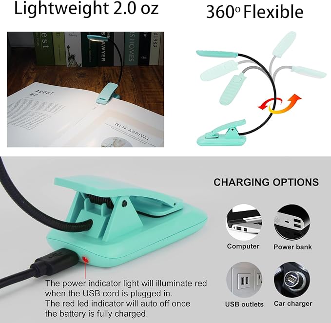 BIGMONAT Rechargeable Book Reading Light, Portable Bendable Neck, Brightness Adjustable with Eye Care Reading, Warm & White LEDs, Perfect for Kids, Bed Headboard & Travel (Blue, 1Pack)