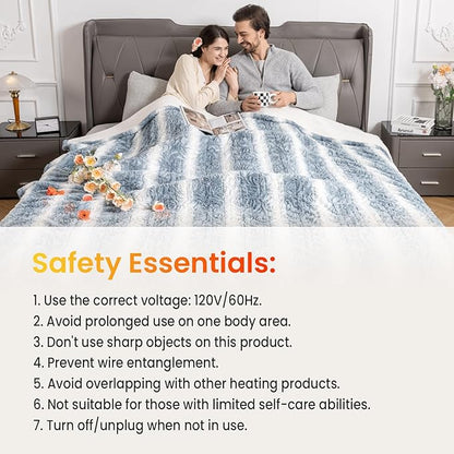 WOOMER Heated Blanket King Size 100" x 90", Electric Blanket with Dual Controls, 0.5-12 Hours Timer & 10 Heating Levels, ETL Certified, Blue White Flowers Patterns Faux Fur & Sherpa, Machine Washable
