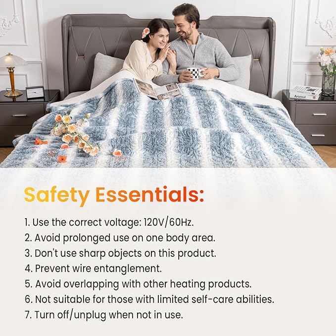 WOOMER Heated Blanket Queen Size 84" x 90", Electric Blanket with Dual Controls, 0.5-12 Hours Timer & 10 Heating Levels, ETL Certified, Blue White Flowers Patterns Faux Fur & Sherpa, Machine Washable