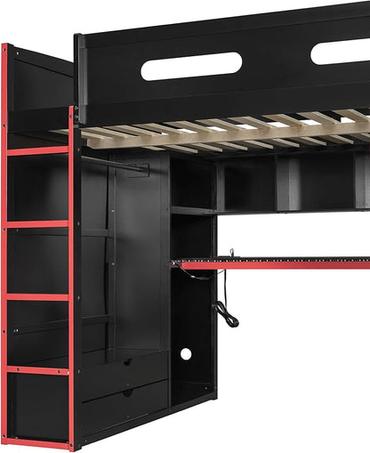 GOWE Full Size Wood Loft Bed with Desk,Wardrobe,Ample Storage Space,and RGB Light, Red(Old SKU:LT000261AAR)