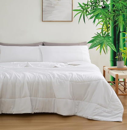Zaizaihome Natural Bamboo Viscose Comforter Set Twin Size 2 Pieces, All-Season Soft Breathable Moisture-Wicking Quilt with Matching Pillowcase, Machine Washable, Quilted Fluffy Comforter (White)