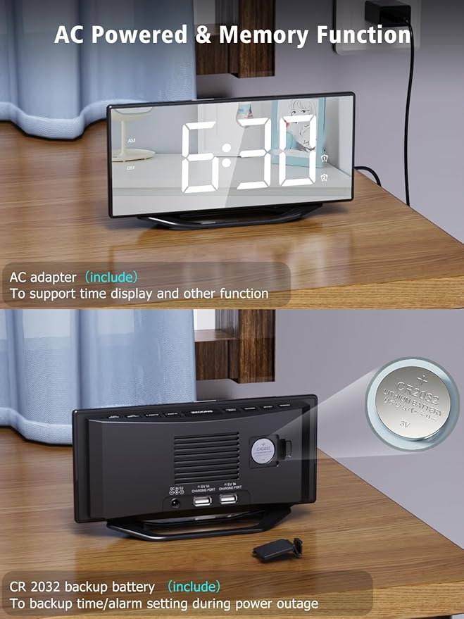8.7” Mirror Digital Alarm Clock for Bedroom, LED Digital Clock Large Display with Battery Backup, 2 USB Charger Ports, Dual Alarms, 8 Dimmer & 7 Volume, Aesthetic Slim Clock for Desk Modern Decoration