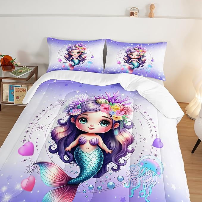 Cute Mermaid Pattern Twin Comforter Set,Star Jellyfish Ocean Themed Bedding Sets for Kids Toddlers Girls Boys Room Decor,Princess Bedding with 2 Pillowcases.
