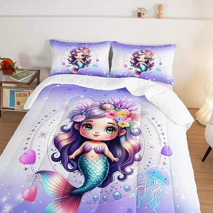 Cute Mermaid Pattern Full Comforter Set,Star Jellyfish Ocean Themed Bedding Sets for Kids Toddlers Girls Boys Room Decor,Princess Bedding with 2 Pillowcases.