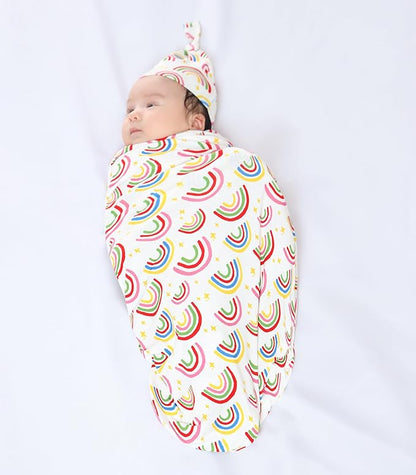 Newborn Swaddle Blanket with Hat Set,Unisex Baby Receiving Blanket Nursery Wrap for Girls and Boys, Viscose Made from Bamboo Rainbow One Size