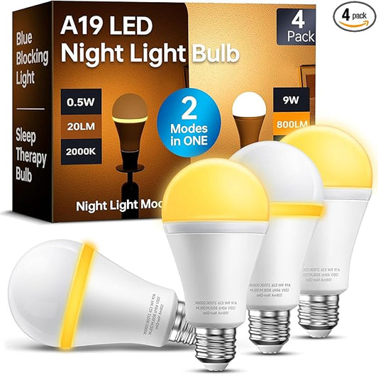 KINDEEP Light Bulbs, E26 Blue Light Blocking Dim Bulbs with 2 Modes, 0.5W Amber Light with 20lm 2000K, 9W Equivalent 60W, 800lm 2700K, Ideal for Lamp, Bedroom, Mood Soothing, Sleep & Nursery, 4 Pack