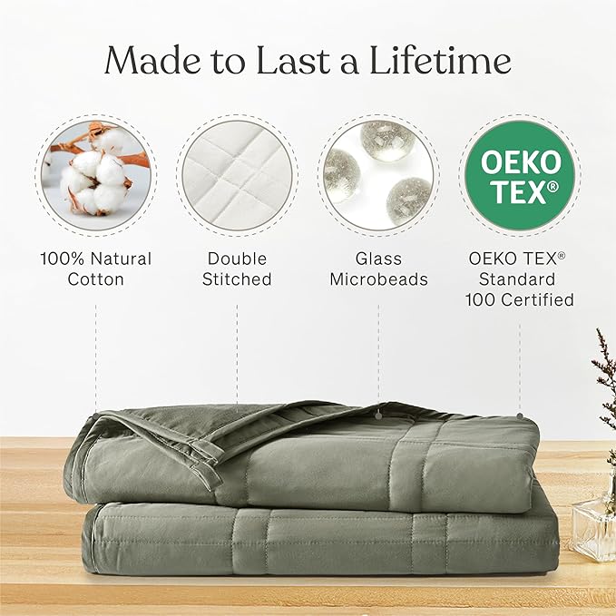 Baloo Weighted Blanket for Adults 20 lb (Moss, 60"x80") | Cool & 100% Cotton | Machine Washable & Dryer Safe | Glass Microbead Fill
