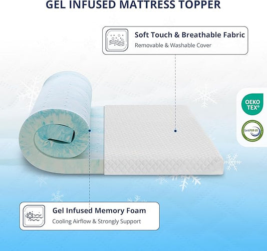 2 Inch Gel Memory Foam Mattress Topper King Size, Cooling Bed Topper for Pressure Relief with Removable Breathable Soft Cover, CertiPUR-US Certified