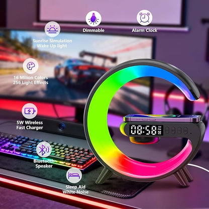 2026 New Wireless Speaker Charger, Smart Alarm Clock LED Table Lamp Bluetooth Speaker Atmosphere Bedside Light with Wireless Charging Station,Alarm Clock Music Lit Lamp Christmas Gift