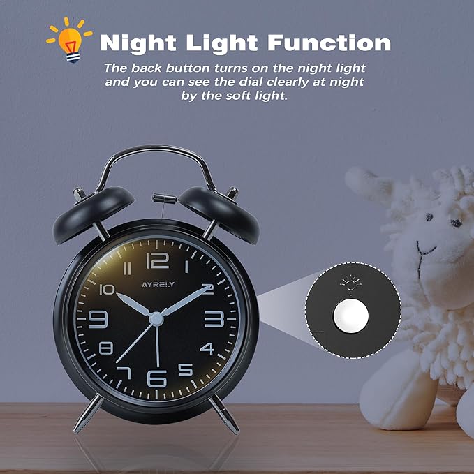 AYRELY® Super Loud Twin Bell Alarm Clock for Heavy Sleepers Adults, 4-Inch Retro Silent Non-Ticking with Night-Light, 3D Raised Number Dial, Battery Operated for Bedroom Bedside(3D Dial – Black)