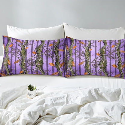 Tree Branches Kids Fitted Sheet Twin Size,Botanical Leaves Rustic Nature Bedding Set,Boys Girls Room Decor,Jungle Hunting Cabin Adventure Bed Cover,Purple Bed Sheet,1 Pillowcase(No Top Sheet)