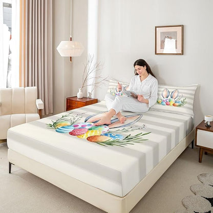 Happy Easter Bed Sheet Twin Size Easter Egg Spring Holiday Bedding Set Flowers Cute Animal Fitted Sheet Kids Boys Girls Room Decor Beige Gray Soft Sheets with 1 Pillowcase,No Top Flat