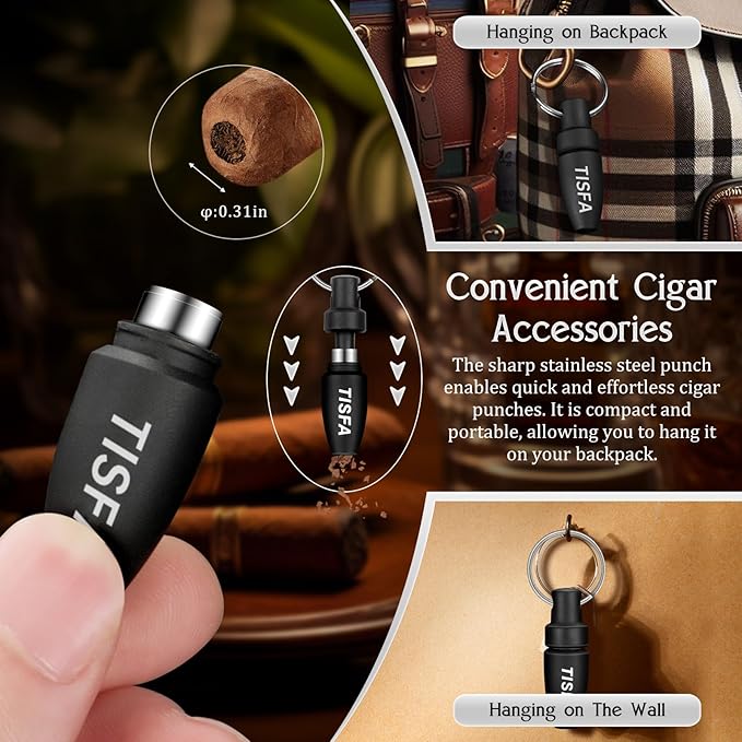 TISFA Cigar Humidor Set Travel Humidor Includes 2 Multifunctional Cutters, Hole Punch, Humidifier, Hygrometer, Portable Cedar Wood Lined Cigar Box Holder Case Gifts for Men (Black)