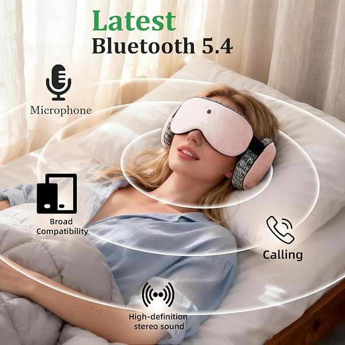 5.4 Bluetooth Sleep Mask with 12 White Noises, 3D Sleep Headphones for Women Men 100% Pressure-Free & BlockOut,Wireless Eye Mask for Side Sleepers Travel