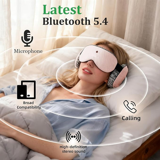 5.4 Bluetooth Sleep Mask with 12 White Noises, 3D Sleep Headphones for Women Men 100% Pressure-Free & BlockOut,Wireless Eye Mask for Side Sleepers Travel
