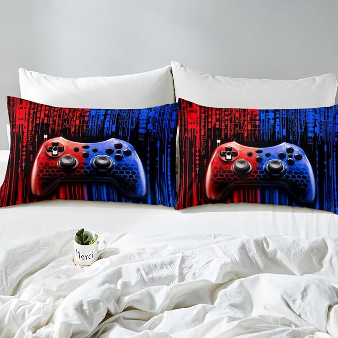 Gaming Gamepad Kids Sheet King Size,3D Videogames Controller Bedding Set,Boys Girls Room Decor,Modern Geometric Honeycomb Hexagon Fashion Red Blue Bed Sheet Set 4pcs(Fitted + Flat + 2 Pillowcases)