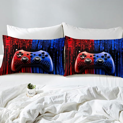 Gaming Gamepad Kids Sheet King Size,3D Videogames Controller Bedding Set,Boys Girls Room Decor,Modern Geometric Honeycomb Hexagon Fashion Red Blue Bed Sheet Set 4pcs(Fitted + Flat + 2 Pillowcases)