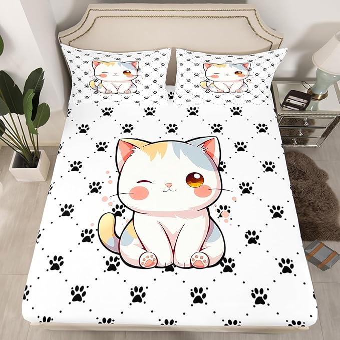 Cat Paw Fitted Sheet Queen 3 Pcs,Kawaii Cat Lovely Animals Soft Microfiber Sheets Breathable Bedding,Watercolor Cat 3D Cartoon Bedsheet with Deep Pocket for All Season Bedroom