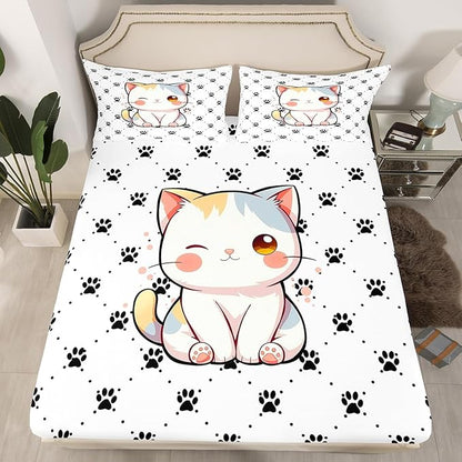 Cat Paw Fitted Sheet Queen 3 Pcs,Kawaii Cat Lovely Animals Soft Microfiber Sheets Breathable Bedding,Watercolor Cat 3D Cartoon Bedsheet with Deep Pocket for All Season Bedroom