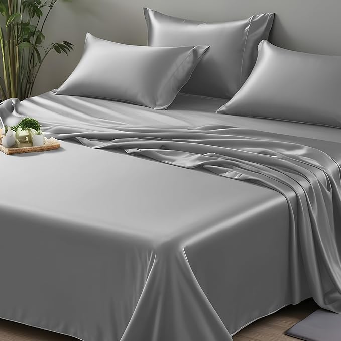 LINENWALAS Flat Sheet Only Rayon Derived from Bamboo Silk King Size Bedsheet Luxury Soft Cooling Flat Bed Bedsheet for Hot Sleepers (King, Charcoal Grey)