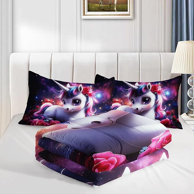 Girls Unicorn King Size Bedding Set,Red Rose Flowers Comforter Set for Kids Teens Room Decor,Romantic Starry Sky Galaxy Cute Bedding Sets with 2 Pillowcases.