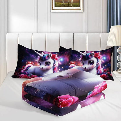 Girls Unicorn Twin Size Bedding Set,Red Rose Flowers Comforter Set for Kids Teens Room Decor,Romantic Starry Sky Galaxy Cute Bedding Sets with 2 Pillowcases.