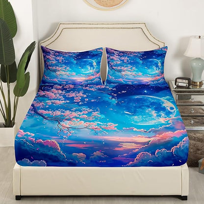 Cherry Blossoms Fitted Sheet Full Size,Moonnight Cloud Starry Sky Bedding Set,Girls Women Room Decor,Sakura Flowers Chinese Style Bed Cover,Pink Blue Romantic Bed Sheet,2 Pillowcases(No Top Sheet)