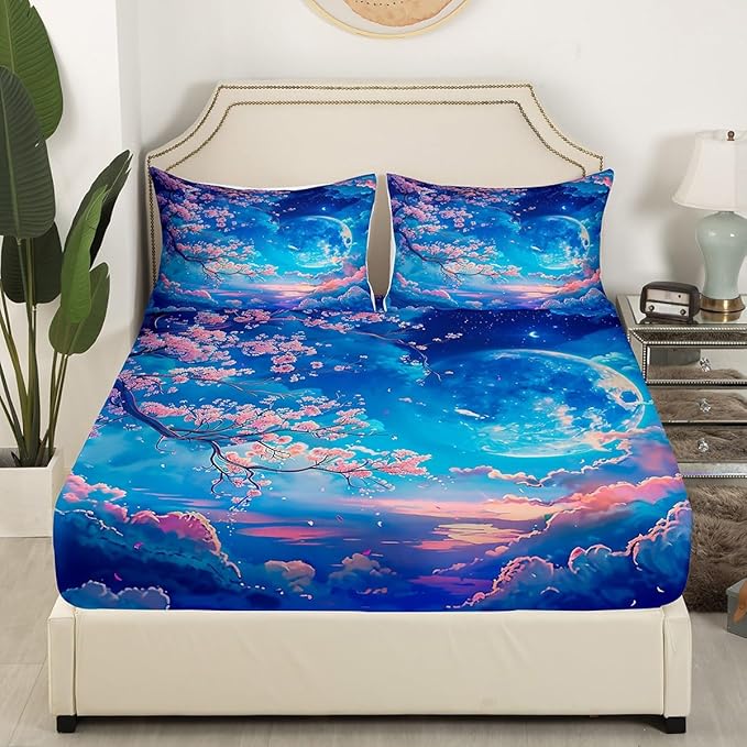 Cherry Blossoms Fitted Sheet Queen Size,Moonnight Cloud Starry Sky Bedding Set,Girls Women Room Decor,Sakura Flowers Chinese Style Bed Cover,Pink Blue Romantic Bed Sheet,2 Pillowcases(No Top Sheet)