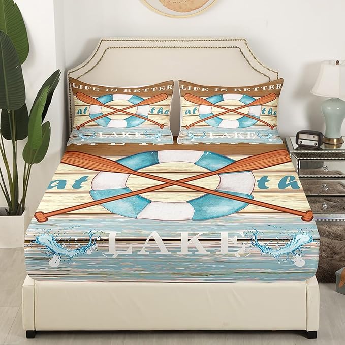 Lake House Fishing Kids Fitted Sheet Full Size,Adventure Camping Boating Nature Bedding Set,Boys Girls Room Decor,Woode Plank Rustic Retro Bed Cover,Blue Beige Bed Sheet,2 Pillowcases(No Top Sheet)
