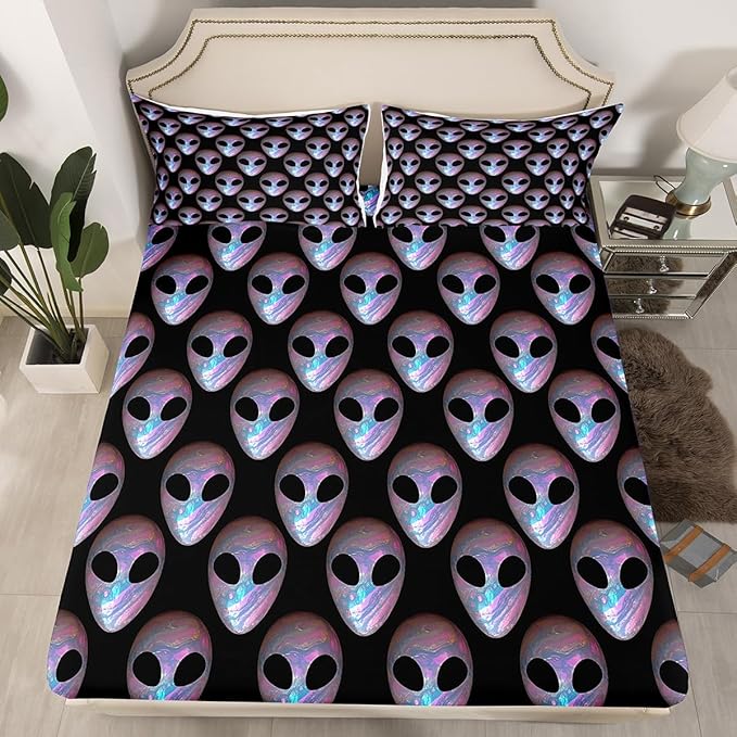 Alien Fitted Sheet Set with 2 Pillowcase,Outer Space Alien Mysterious Microfiber Mattress Cover,Watercolor Purple Blue Marble Paint Trippy Bed Cover Queen Size