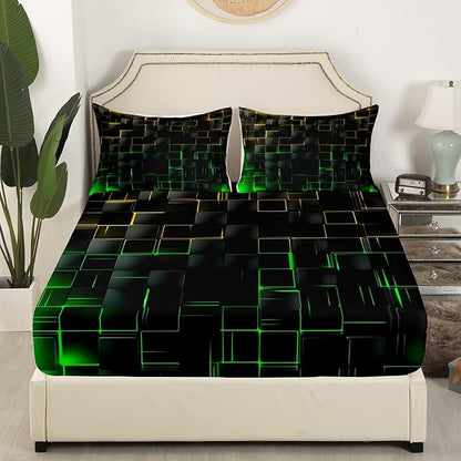 Manfei Yellow and Green Sheet Set Full Size, Abstract Geometric Grid Bed Sheet Set 4pcs with Deep Pocket Fitted Sheet + Flat Sheet + 2 Pillowcases, Black Square Lattice Bedding Set for Kids Boys Teen