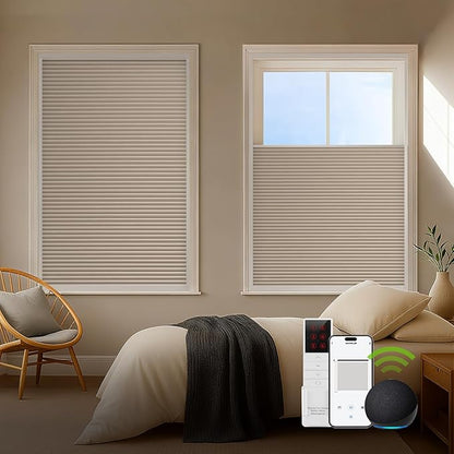 ZSTARR Motorized Skylight Shades Blackout Cellular Honeycomb Electric Blinds with Solar Panel Cordless Rechargeable with Remote for Roof and Slanted Windows Custom Size (BO Printed Vanilla Fawn)