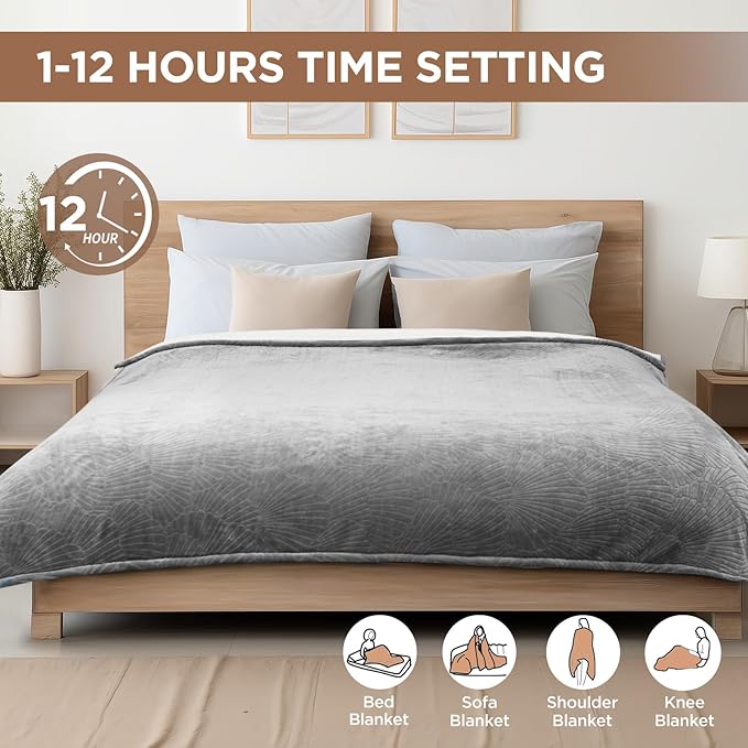 Westinghouse Electric Blanket Full, Flower Jacquard Heated Blanket Full Size with 10 Heating Levels and 1-12 Hours Auto-Off, Flannel to Sherpa Reversible, Machine Washable, 72" x 84" Inch, Grey
