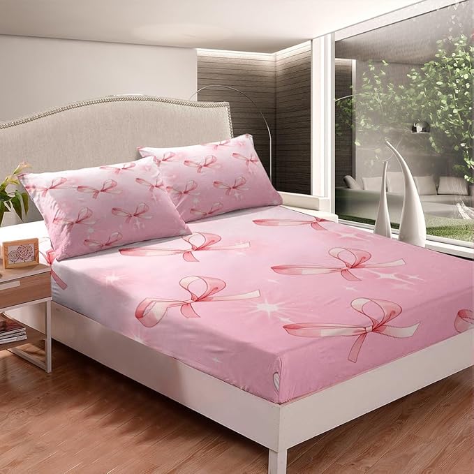 Pink Bowknots Bed Sheet Set Home Decor Glitter Starry Bow Dreamy Sheet Sets Deep Pocket,Princess Fairy Tale Theme Bow-tie Girly Mattress Cover,Twin Size with 1 Pillowcase