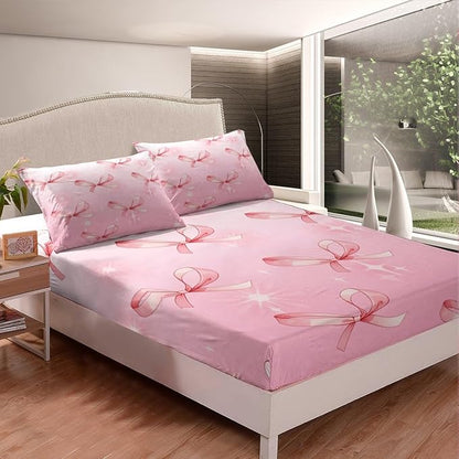 Pink Bowknots Bed Sheet Set Home Decor Glitter Starry Bow Dreamy Sheet Sets Deep Pocket,Princess Fairy Tale Theme Bow-tie Girly Mattress Cover,Twin Size with 1 Pillowcase