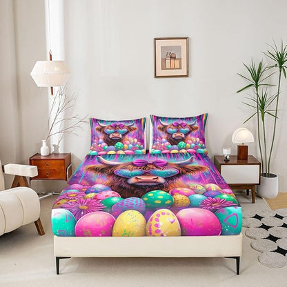 Highland Cow Bed Sheet Queen Size Happy Easter Eggs Cartoon Bedding Set Funny Animal Farmhouse Fitted Sheet Kids Boys Girls Room Decor Purple Colorful Soft Sheets with 2 Pillowcase,No Top Flat