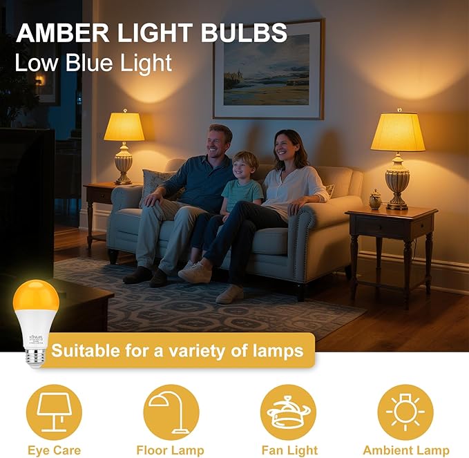 KINUR LED Amber Dimmable Light Bulbs, A19, 9W, 1800K, E26 Base, 60W Equivalent, Amber Soft Light Bulbs Warm Night Light for Bedroom, Sleep, 2 Pack