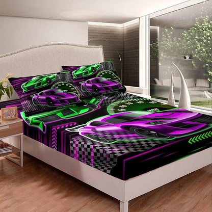 Street Art Style Bed Sheet Set Extreme Sports Fitted Sheet for Ultra Soft Pink Green Racing Car Bedding Cover Set Room Decor Queen (No Flat Sheet)