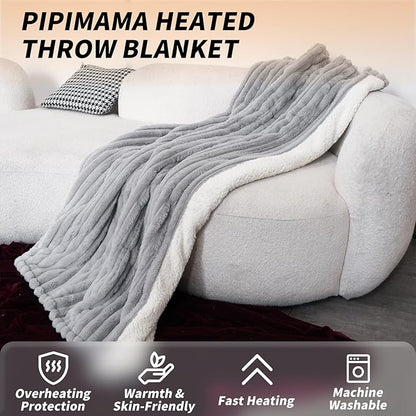 Heated Blanket Throw Size 50" x 60" Faux Fur & Sherpa Electric Blanket Throw with 6 Heating Levels & 1-8 Hours Auto Off, Soft Cozy Heating Blanket Machine Washable, Grey