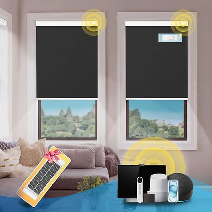 DENFOON Motorized Blinds with Remote,Thermal ElectricBlinds【Solar Panel】,Customizable Automatic RollerShades, Blackout Remote Control Blinds for Windows Upgrade to Smart Blinds,Black, 30''W×72''H