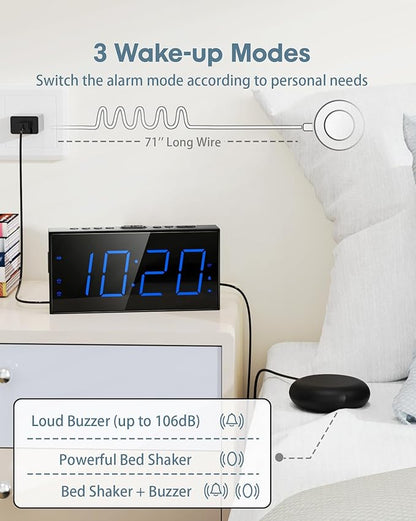 Roxicosly Loud Alarm Clock with Bed Shaker, Vibrating Alarm Clock for Heavy Sleepers/Hard of Hearing/Deaf,Dual Alarms, 7.5’’ Large LED Display, Dimmer, USB Charging Port, Plug-in with Memory Function