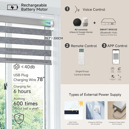Motorized Zebra Blinds, Cordless Blackout Window Shades with Remote, Custom Dual Layer Smart Roller Shades Compatible with Alexa Google Assistant, Automatic Light Filtering Blinds,Texture Gray