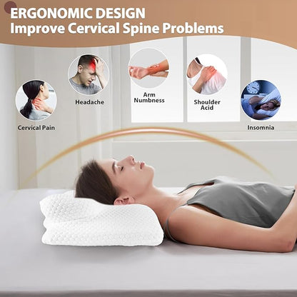 Cervical Neck Pillow, Memory Foam Pillow for Neck Pain Relief, Contour Neck Support Pillows with Cooling Pillowcase, Dreamers Relief Pillow, Ergonomic Bed Pillows for Side Back Stomach Sleepers