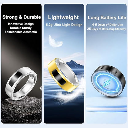 Smart Health Ring for Women Men, Vibration Alert, Touch Control, Fitness Tracker Ring with Sleep/Women's Health/Heart Rate/Steps, IP68 Waterproof for iPhone and Android, Gold 9, No Subscription