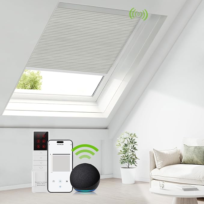 ZSTARR Motorized Skylight Shades Blackout Cellular Honeycomb Electric Blinds with Solar Panel Cordless Rechargeable with Remote for Roof and Slanted Windows Custom Size (BO Printed Milky Grey)